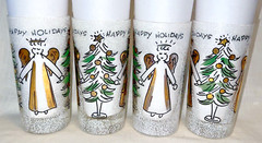 SET OF 4 Vintage JOHN SUTTON Gold ANGELS & TREES Frosted Glass Tumblers RARE