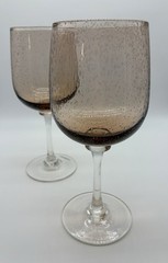 2 Beautiful Amber Tint Two Tone Blown Bubble Glass Jumbo Water Wine Stem Goblet