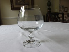 (2) Import Assoc CLAUDIA Bohemia Crystal Brandy Glasses Faceted Ball Stem 4 5/8″