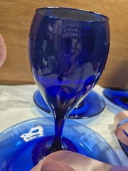 Vintage Cobalt Blue Dishes 8p Set Wine Glasses & 7.5” Saucer Plates LIBBEY Glass