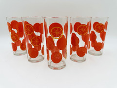 Vintage Set Of Oranges & Orange Slices Clear Glass Highball Glasses 5.25″