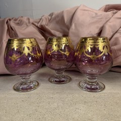 Vintage Interglass Set of 3 24K Gold and Purple Glasses 5” Italy