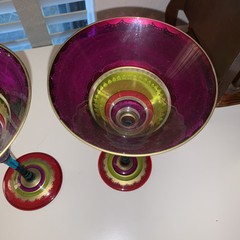 Pier 1 Festive Hand Painted Jewel Tones 2 Martini Glasses Magenta, Teal, Gold