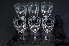6 Fostoria Holly Clear Stem 6030 Water Goblets Laurel Cut 7 7/8″