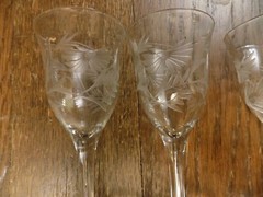 Crystal Glasses Cordials Sherry Vtg Set 4 Etched Floral Bamboo stem Leaves 5.25″