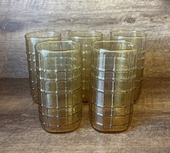 Set 5 Vintage Anchor Hocking Topaz Tumblers Textured Lines Drinking Glasses MCM