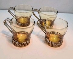Vintage Amber Libbey Glasses With Brass Greek Key Handles 1960s Set Of 4