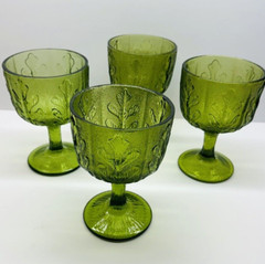 Vintage Set Of 4 Large F.T.D 1975 Olive Green Glass Goblets Oak Leaves 6.5″