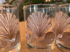 3 Double Old Fashioned Lowball Whiskey Glasses Embossed Gold Seashell Starfish