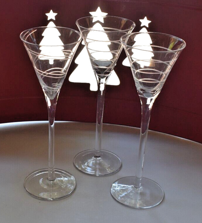 3 ~ MIKASA EXPRESSIONS Swirl Etched Long Stem Cordial Glass Barware VTG 8″ 2003