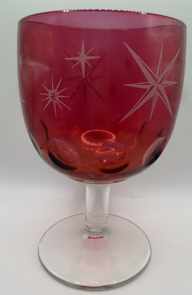 Bartlett Collins Etched Atomic Starburst Cranberry Red Thumbprint Glass Goblet