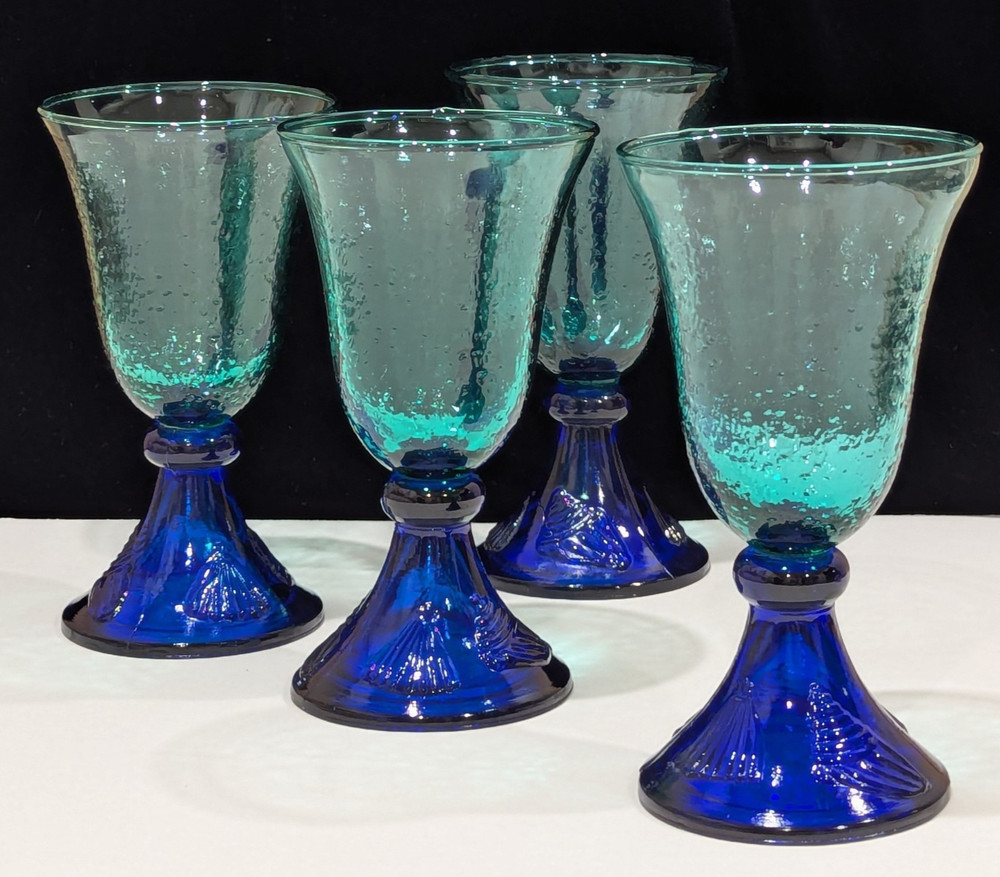 Cobalt Blue Goblets Glasses Shell Relief Base, Blown Glass, Vintage 7″T Set of 4