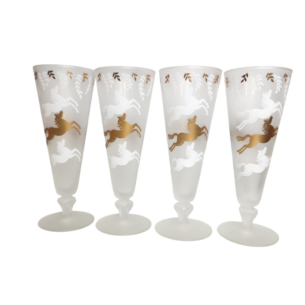 Vintage 1953 Libbey Cavalcade Frosted Pilsner 4 Glasses White and Gold Horses