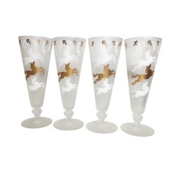 Vintage 1953 Libbey Cavalcade Frosted Pilsner 4 Glasses White and Gold Horses