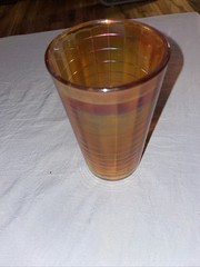Antique Marigold Carnival Glass Iridescent Water Glass Grid Banded 12oz 1970’s