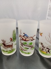 Libbey Rare Vintage Frosted Hunt Fish Bird Dog Tumbler Glasses 10 oz Lot Of 5