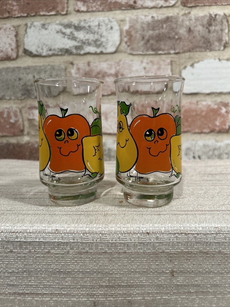 Vintage Nancy Lynn Anthropomorphic Fruit 4″ Tall Juice Glasses