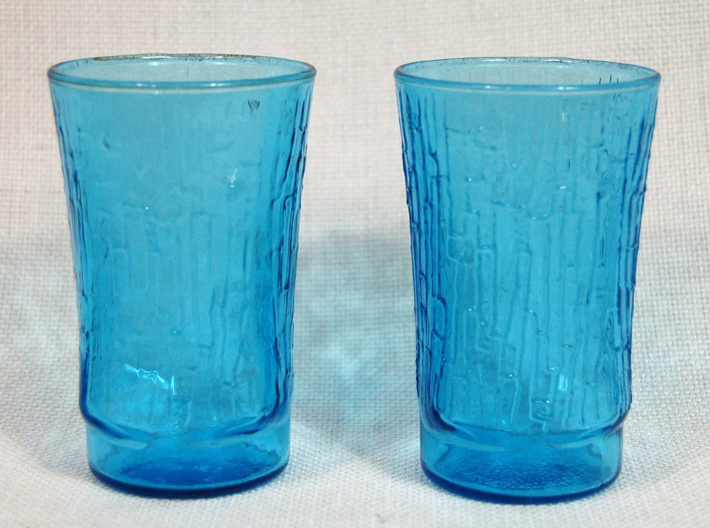 2 Vtg Anchor Hocking Pagoda Laser Blue 5 oz Flat Tumbler Juice Glass 3 3/4″ H