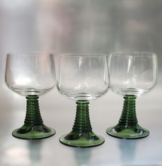 Vintage Roemer Hand-Blown Clear Wine Glasses Ribbed Green Conical Stems 3pc Set