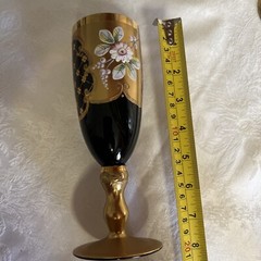 VINTAGE BOHEMIAN 3 CHAMPAGNE ART GLASSES BLACK AND GOLD WITH FLOWERS DECOR