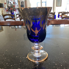 Blue Clear Glass Goblet Drinking Glass, Decorated with Gold Trim