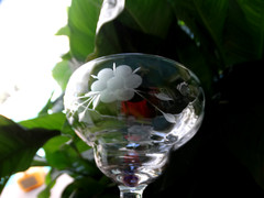Weston Glass WGL45 Grey Cut 6 Petal Floral Tall Champagne w/ Cobalt Blue Foot