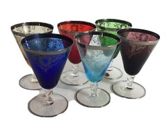 Vintage Venetian Glass Goblets Etched Multicolor Silver Rim Short Stem Floral