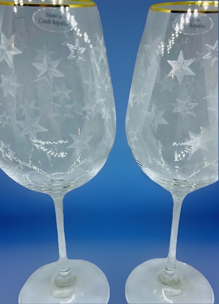 2 Vintage Etched Glass Atomic Star Burst Wine Glasses MCM Czech Gold Tone Trim