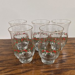Set of 5 Clear Glass Tumbler Glasses, Christmas Holly Ribbons Pattern, Decorated