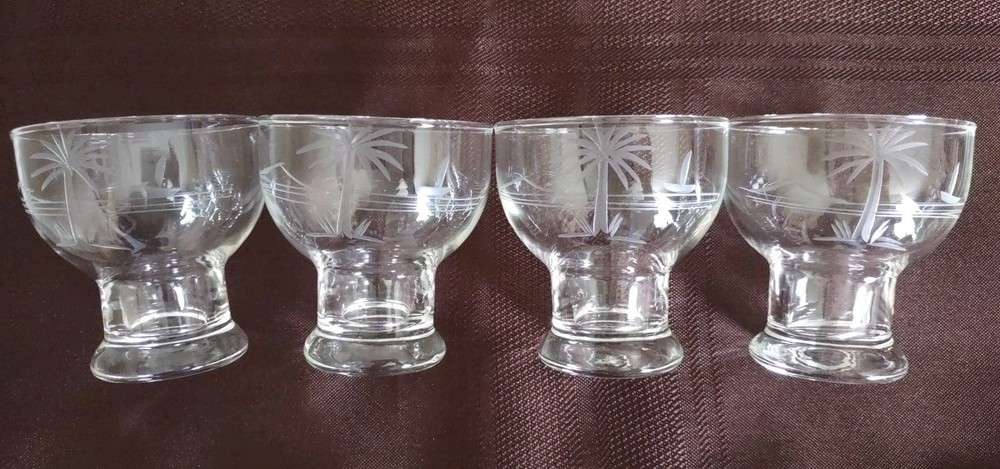 Four 3″ Etched Palm Tree & Sail Boat Hollow Stem Crystal Whiskey 4 oz. Glasses