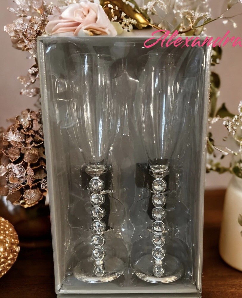 Wedding Champagne Rhinestone Bling Stemmed Toasting Glasses Set of 2 New In Box
