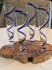 (4) Pier 1 Imports Swirline Cobalt Blue Footed Pilsner Beer Glasses 10 1/8”