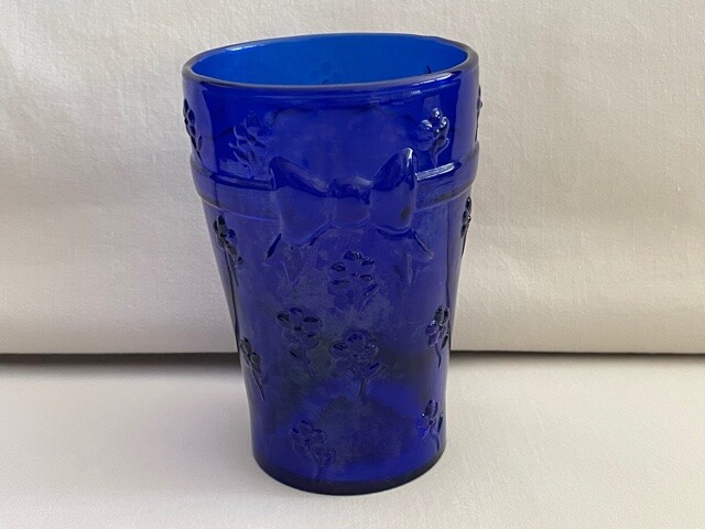 Vintage Cobalt Blue Glass Tumbler Bow and Flower Design Made in Italy