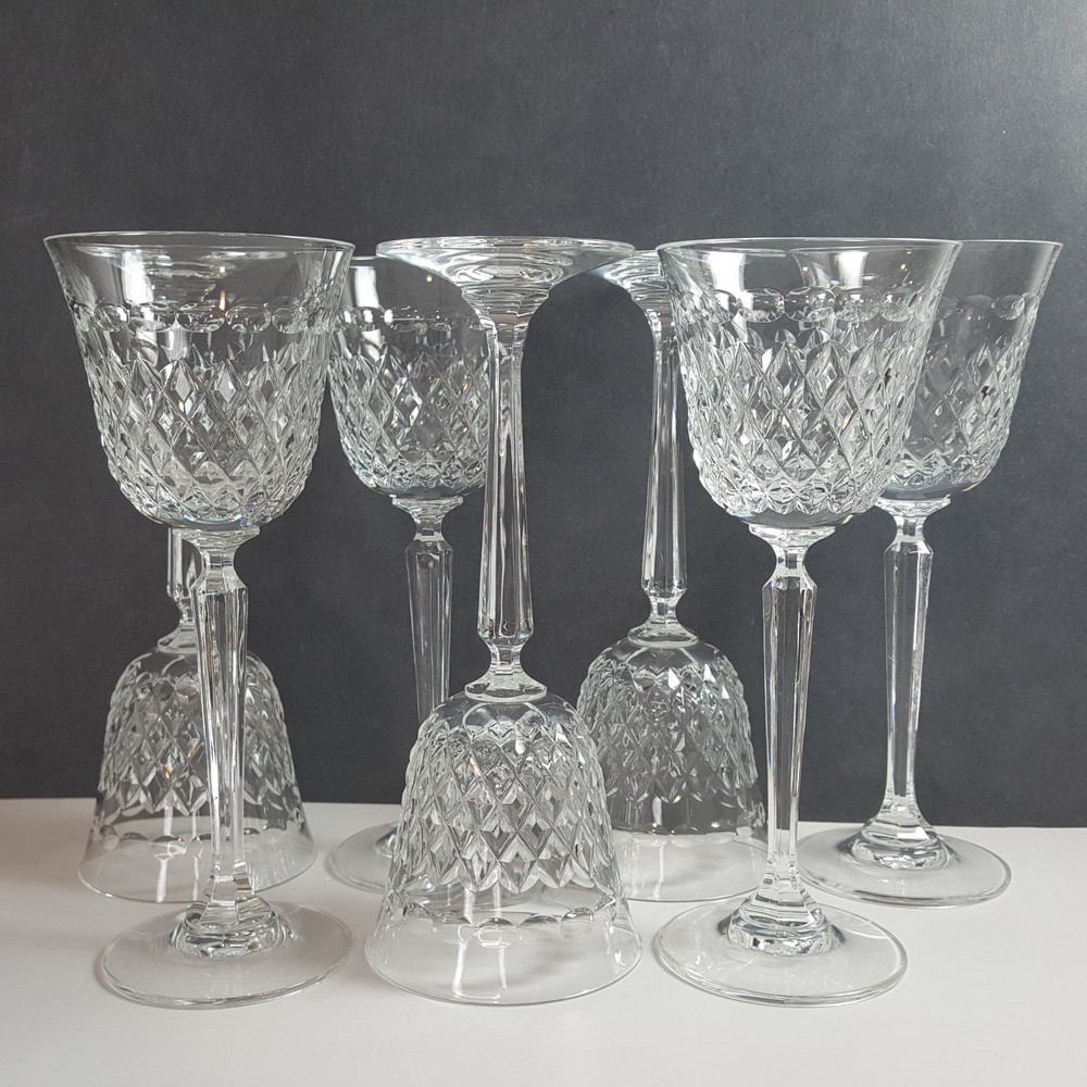 Vintage Cut Crystal Water Goblets Set of 6 Diamond Pattern Faceted Stem Elegant