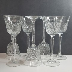 Vintage Cut Crystal Water Goblets Set of 6 Diamond Pattern Faceted Stem Elegant