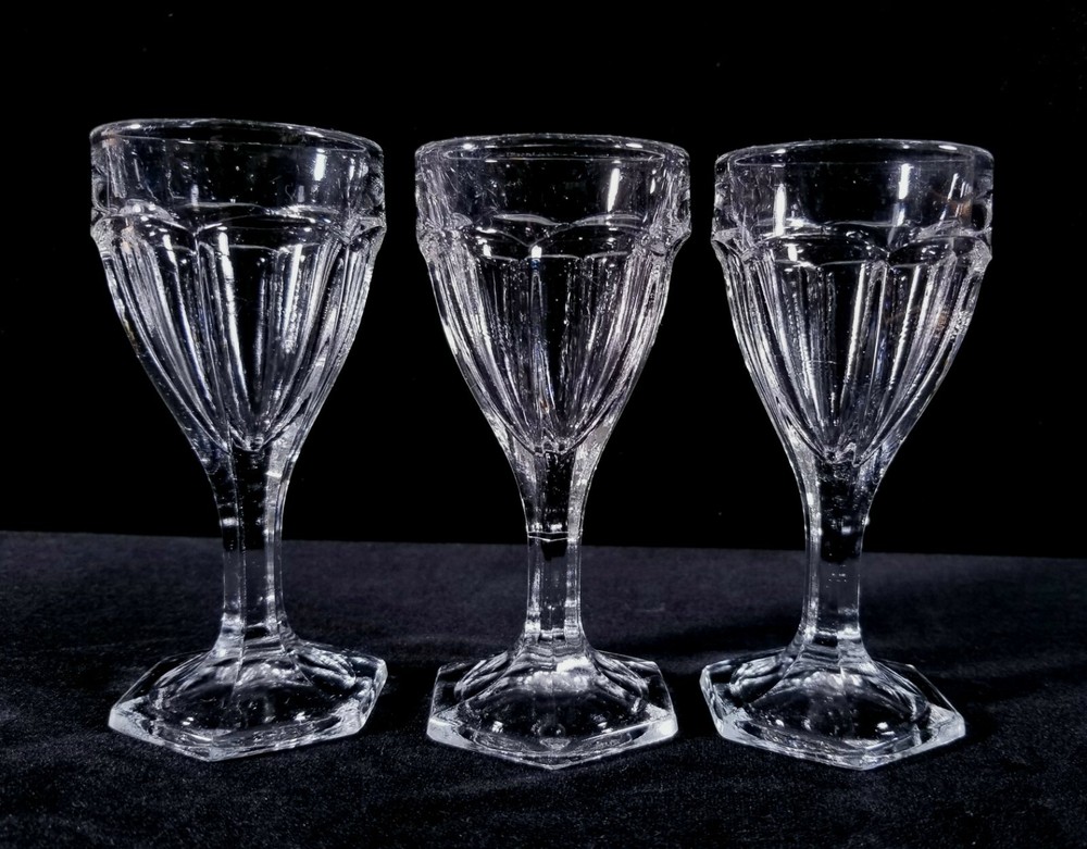 3 Antique Early 1900s 6-Paneled EAPG Small Wine Or Juice Glasses Unmarked VFINE