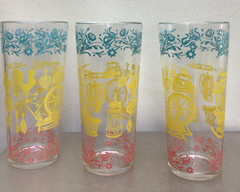 6 Vintage HAZEL ATLAS AMERICANA GLASSES Aqua Yellow Pink Rocking Chair, Spinning