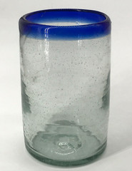 Hand Blown Clear Tumbler Drinking Glass with Blue Band on Rim Mexico