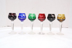 SET 6 BOHEMIAN CZECH CUT TO CLEAR Cordial Wine GLASSES Goblets Multicolor 5.25″
