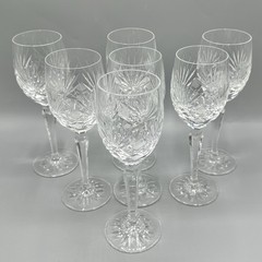 Set Of 7 Vtg Cut Crystal 7 3/4” Wine Glasses Fan Crosshatch Multi Sided Stem /cb