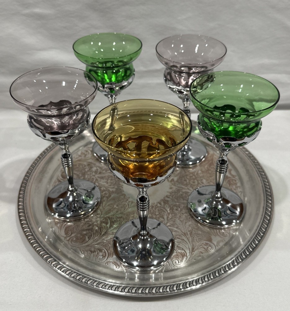 Art Deco Garner Brothers Krome Kraft 1940’s Cocktail Glasses & Silver Plate Tray