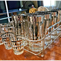 Dorothy Thorpe Style Platinum Silver Stripe Bar Glass Set With CADDY MCM WOW!
