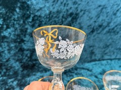 Libbey Rose Goblet Gold Bow & Rim White Frosted Floral set of 6 vintage