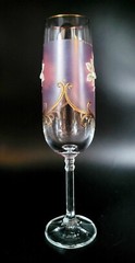 Bohemian Czech Glass 7oz Champagne Flute Raised Handpainted Pink Flowers 22kGold