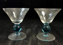 Bryce Glass Apollo Cerulean Pair of Tall Sherbet Glasses Blue Stem Swirl Optic