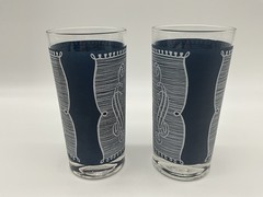 Currier and Ives «Old Grist Mill» Blue and White Matte Drinking Glasses VTG (2)