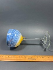 Vtg 1977 Maslach Art Glass Yellow Blue 7.5 in. Wine Glass Signed