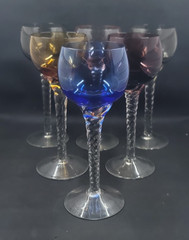 Six (6) Vintage Multi Color Cut to Clear Crystal Wine Hock Wine Glass 7 1/4″
