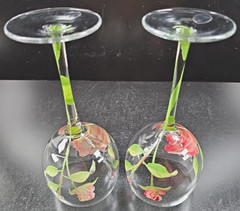 2 Block Vintage Rose Balloon Wine Glasses Mix Set Floral Hand Painted Flower Lot