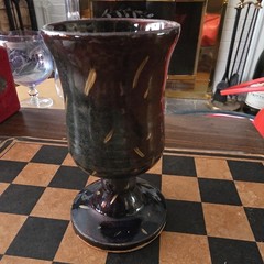 signed Leslie Pottery Goblet Glass Drip Glaze Single Piece multicolored silver